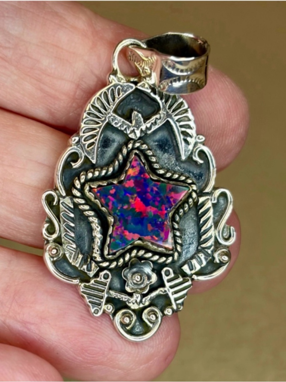 925 Sterling Silver Black Opal Star Pendant